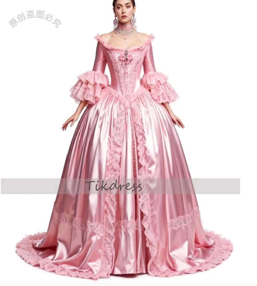 Marie Antoinette Rosa mittelalterliches Abendkleid mit Ärmeln, Rüschen, Spitze, viktorianisches Rokoko-Abschlussballkleid, elegantes Renaissance-Formalkleid