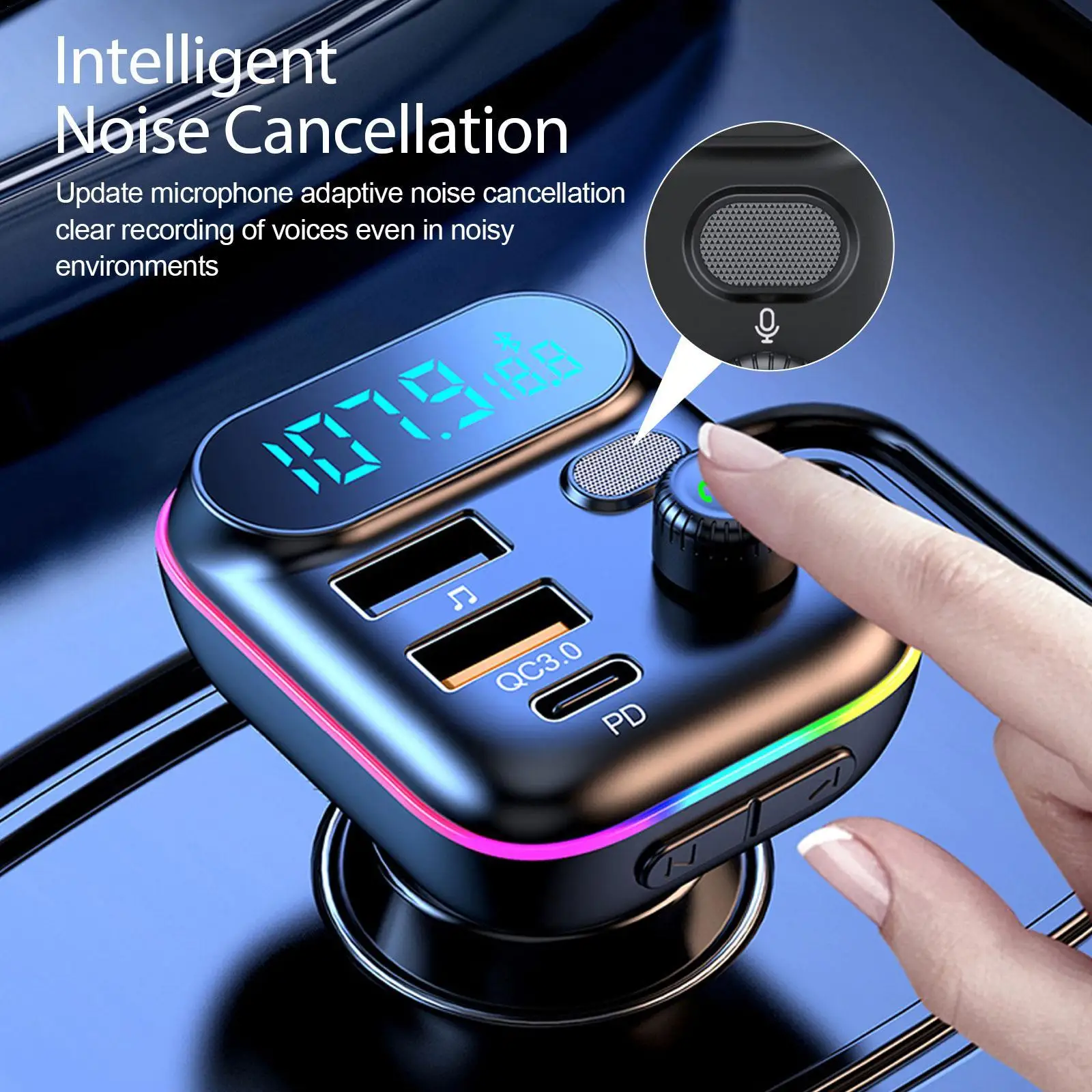 

Car Bluetooth 5.0 FM Transmitter QC3.0 PD Type C Dual USB Car Charger Ambient Light Handsfree MP3 Player Support TF Card ﻿