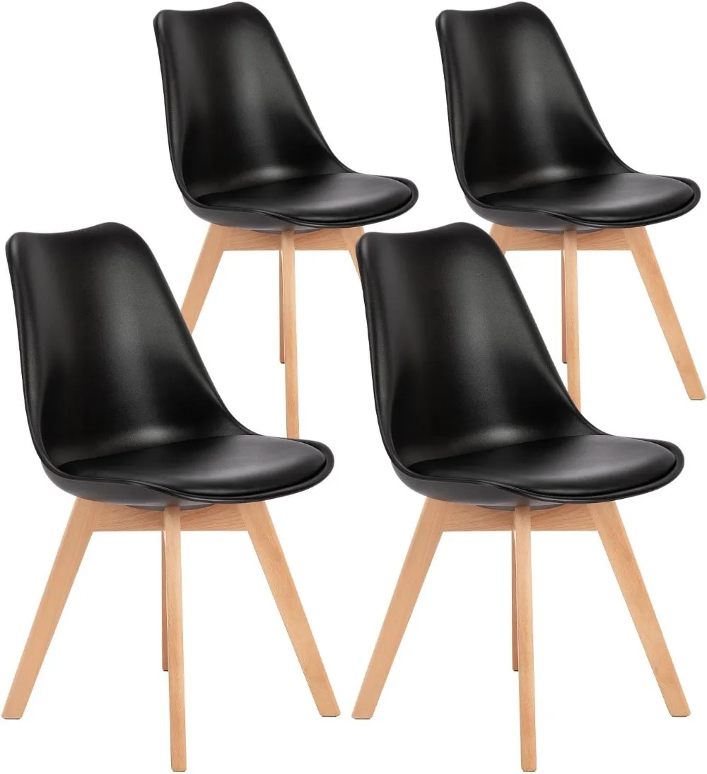 

OLIXIS Set of 4 Dining Kitchen Mid-Century Modern Chairs with Wood Legs and PU Leather Cushion for Living Room Bedroom, Black