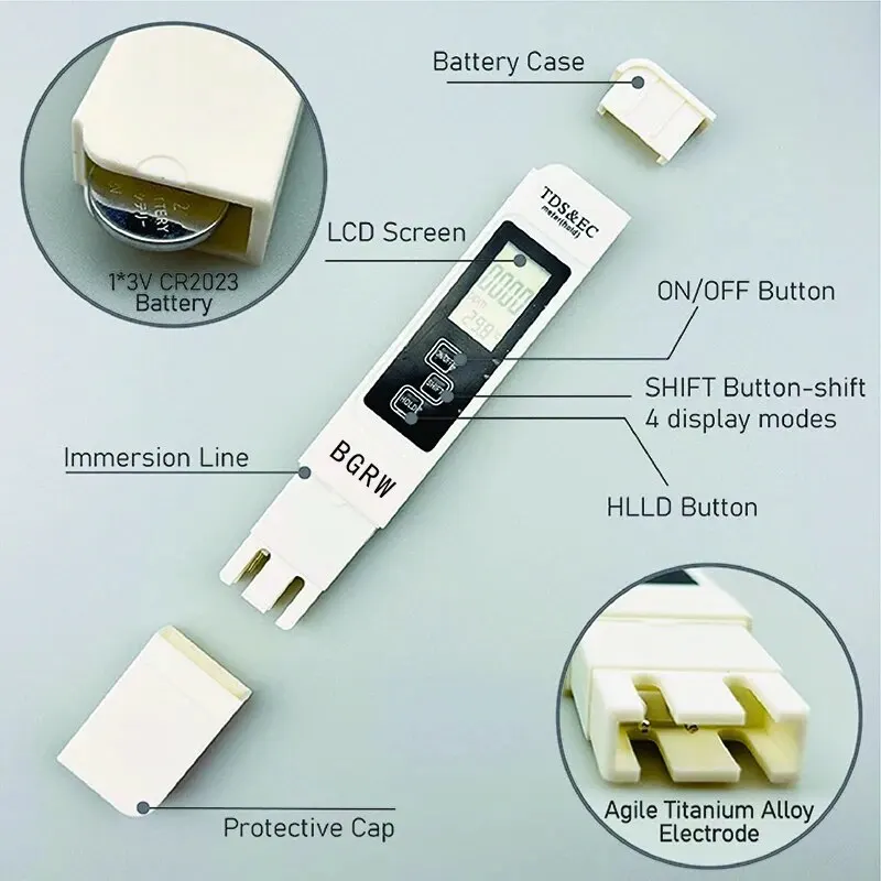 1PC White Digital Water Quality Tester TDS EC Meter Range 0 to 9990 Multifunctional Water Purity Temperature TEMP PPM Tester