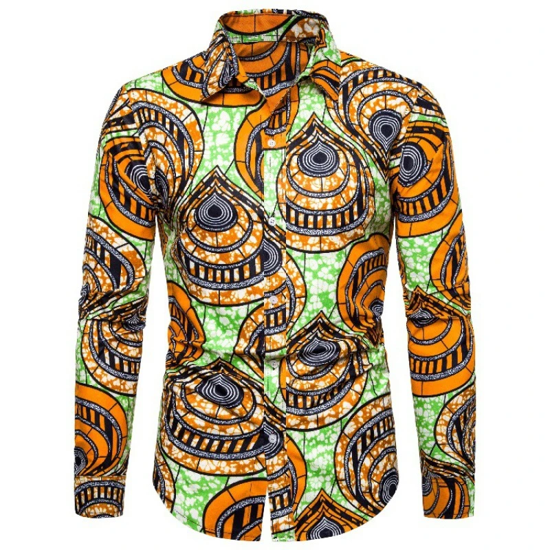 New Men\'s Button Shirt Dashiki African Print Shirts Long Sleeve Tops Traditional Couple Clothes Hip Hop Ethnic Style Streetwear