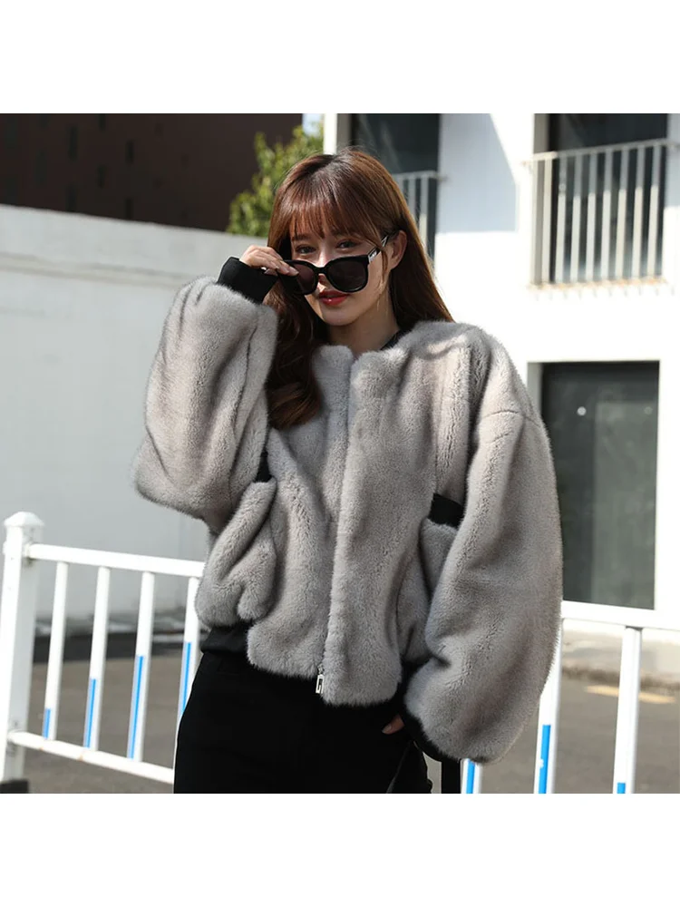 European American Loose Urban Casual Faux Fur Coat Soft Smooth Comfortable Minimalist Silver Gray Camel Color Zipper Outerwear