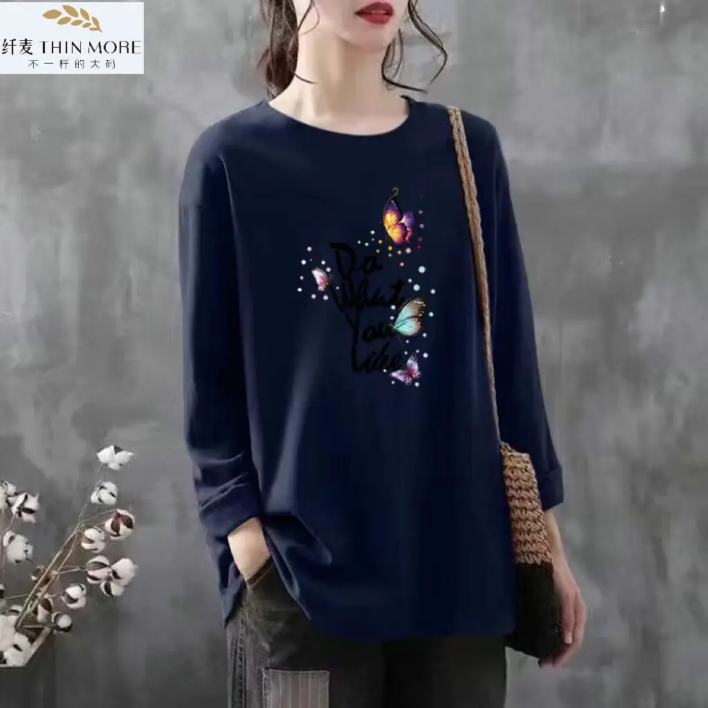 Women Clothing Fashion Pure Cotton O-neck Long Sleeve T-shirt Autumn Casual Loose Butterfly Print Tee Office Lady Elegant Tops