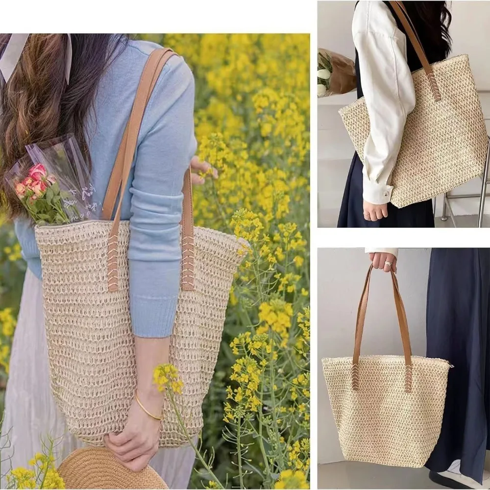 Summer Woven Shoulder Bag Women Beach Shoulder Bag Female Straw Knitted Handmade Large Capacity Handbag Purse Travel Tote Bags