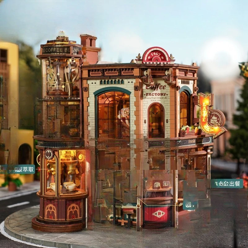 Coffee factory new year gift DIY birthday music box building block adult version wooden assembly three-dimensional puzzle