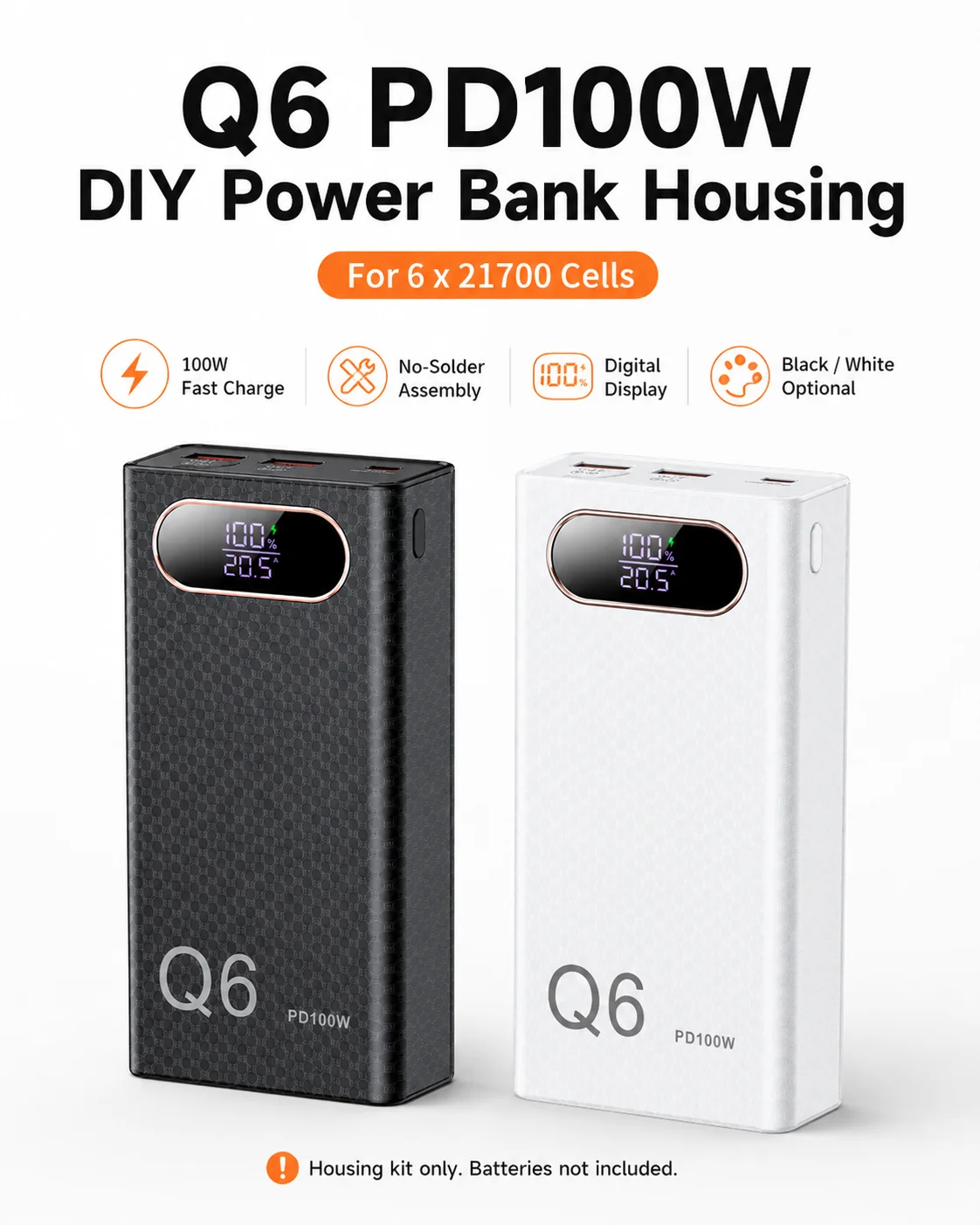 PD100W DIY Power Bank Shell Kit for 6 X 21700 Batteries No Solder Portable Charger Case Type-C USB-A Black White
