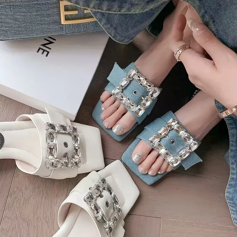 Rhinestone Square Buckle Flat Cowboy Half Support Sandals New Summer Square Head Soft Sole Sandals