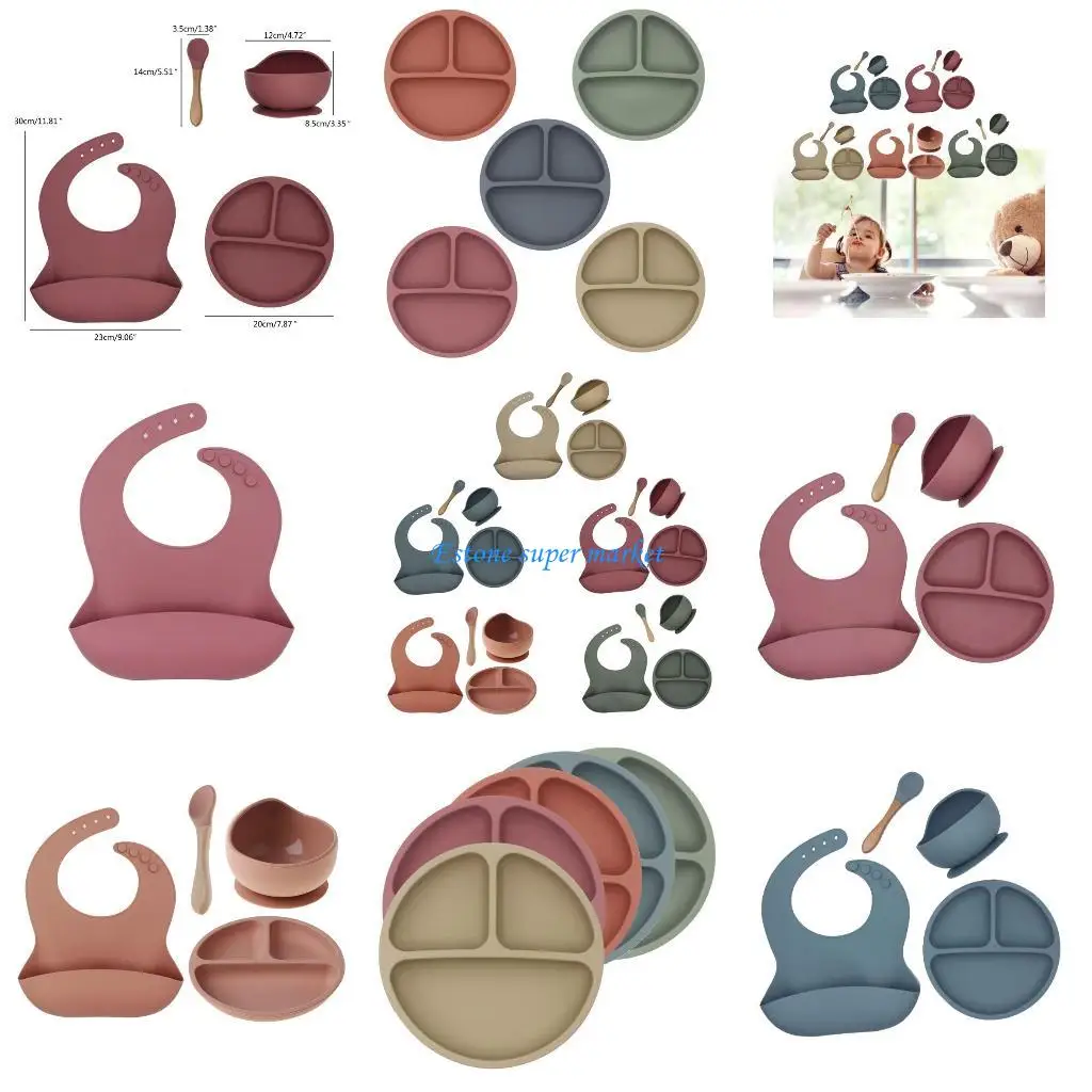 090B مجموعة من ملحقات السيليكون لحديثي الولادة مرايل إطعام وطبق عشاء ووعاء وملعقة #1