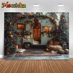 Christmas Touring Car Background For Photography Christmas Tree Golden Light Backdrops Stand Party Outdoor Decoration Photobooth