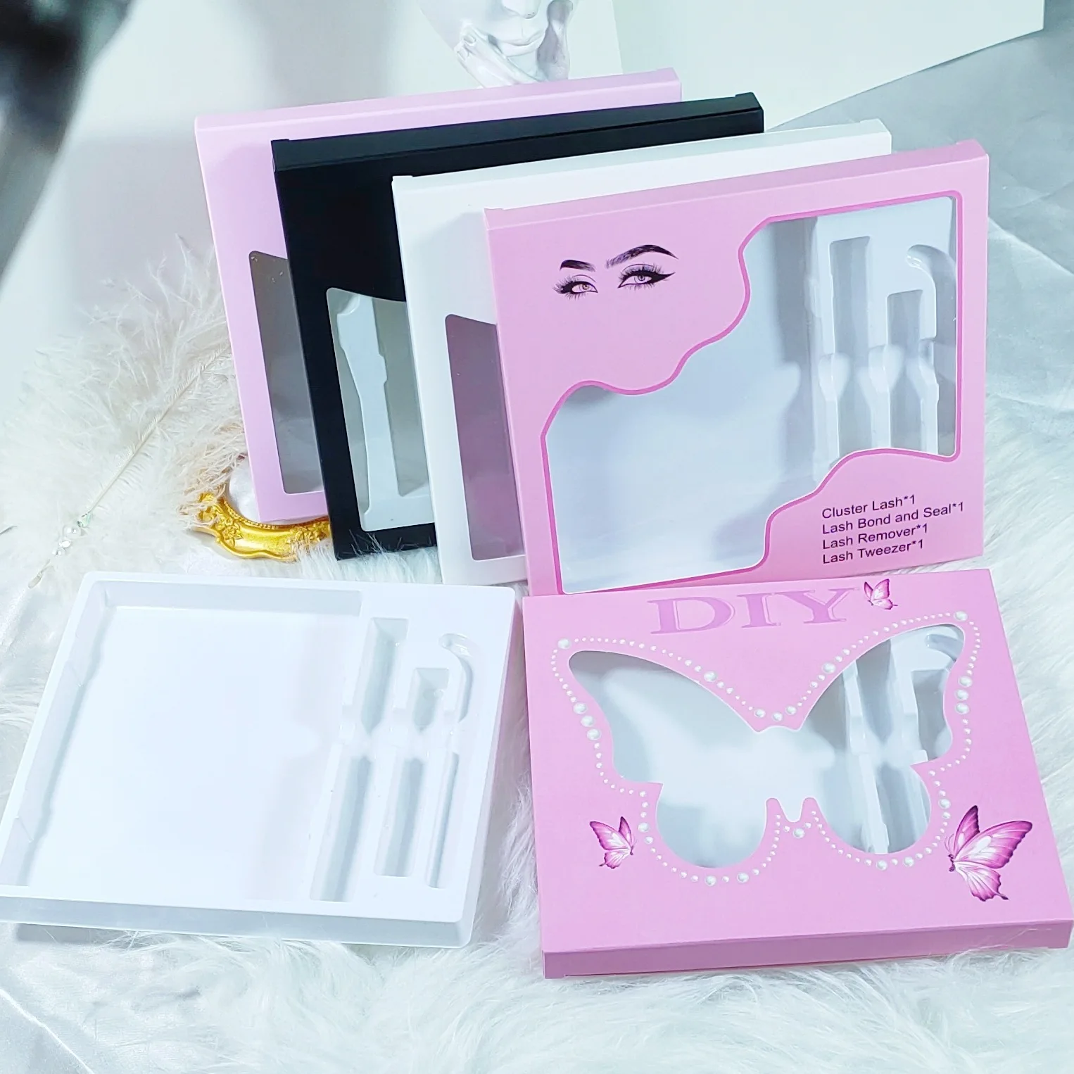 Segmented eyelash kit package box custom logo for lash glue remover diy lash Butterfly pink