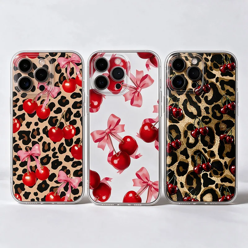 Leopard Print Cherry Phone Case For Samsung Galaxy S26 S23 S22 S21 S24 S25 Ultra Plus FE A16 A17 A36 A53 A55 A37 A57 5G Cover