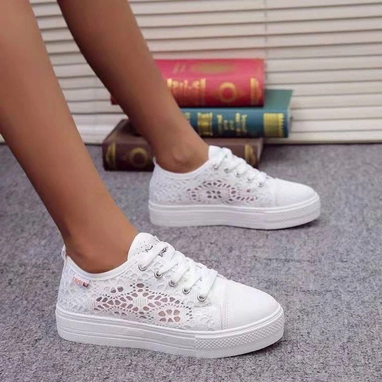 Women Shoes 2024 Fashion Summer Casual White Shoes Cutouts Lace Canvas Hollow Breathable Platform Flat Shoes Woman Sneakers