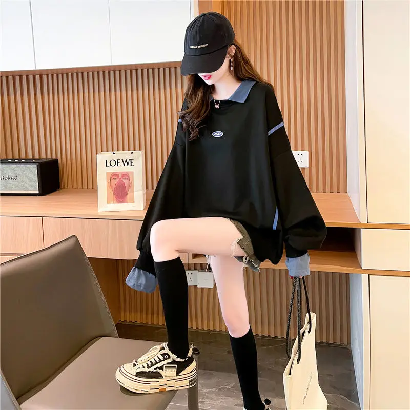 2023 New Spring and Autumn European Edition Loose Oversize Street Style Polo Collar Color Block Fabric Fake Two Piece Sweater