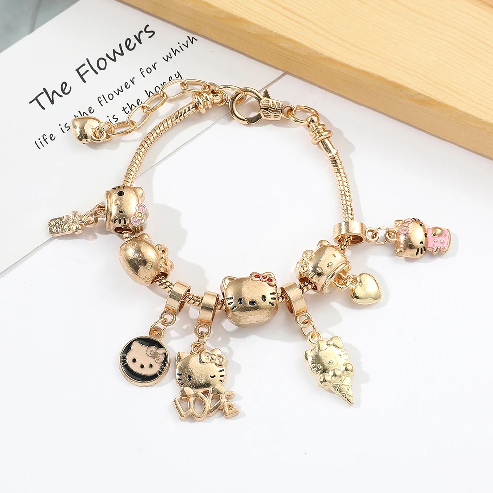 Anime Sanrio Kitty Cat Bracelet Cartoon Figure Kitty White Beads Pendant DIY Charm Bracelet Bangle Kawaii Jewelry Accessories