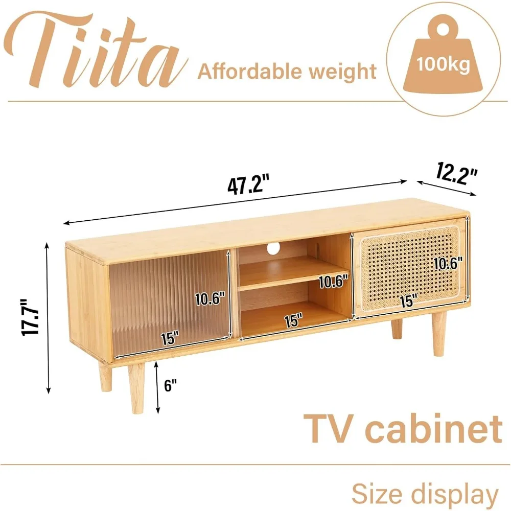 حامل تلفزيون من الروطان لتلفزيون 55 بوصة، وخزانة تلفزيون من الخيزران مع رف وتخزين قابل للتعديل، ومركز ترفيه بوهو، ووحدة منتصف القرن #2