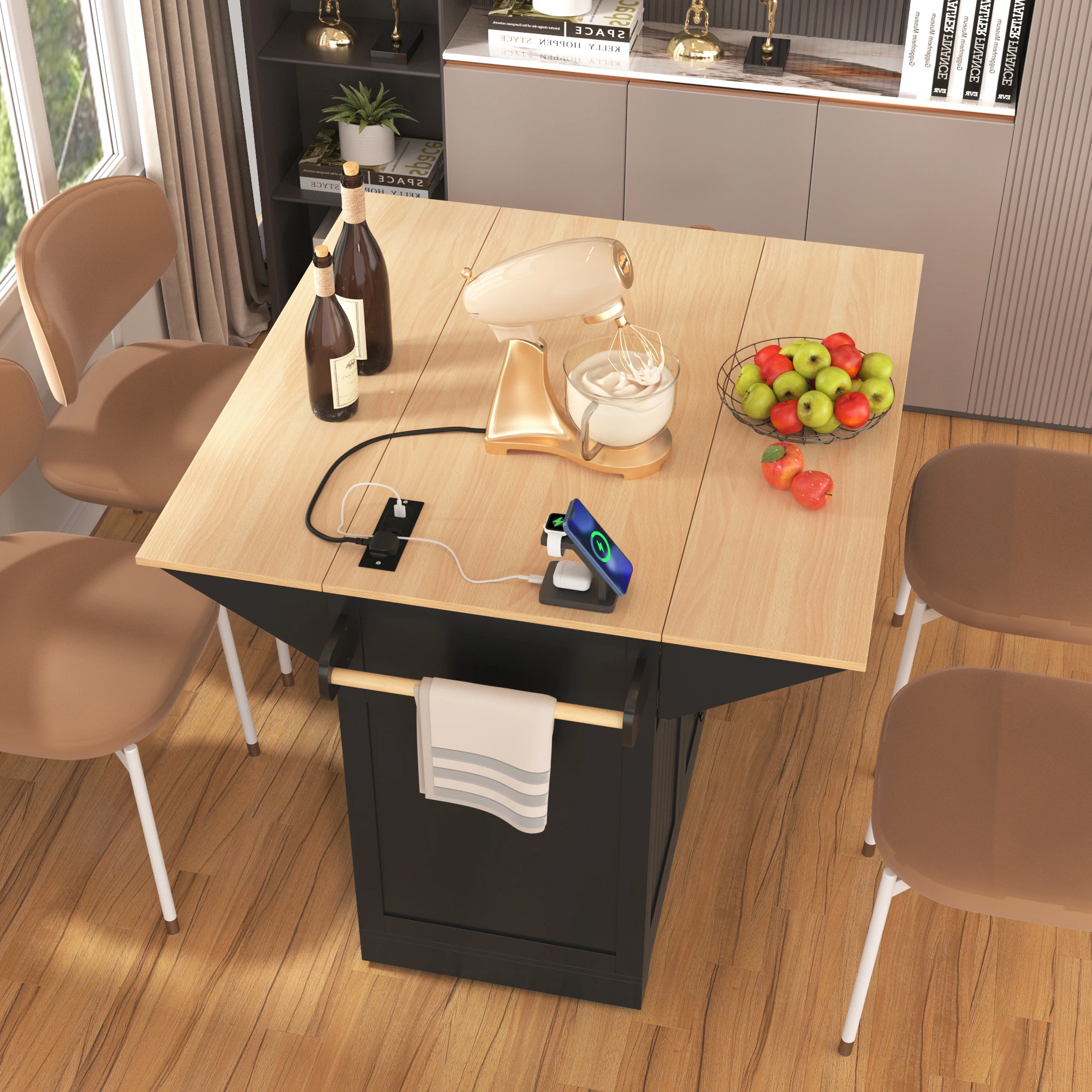 Isola da cucina con 2 fogli ribaltabili per 4-6 posti, carrello da cucina con ruote su 5 ruote con presa di corrente