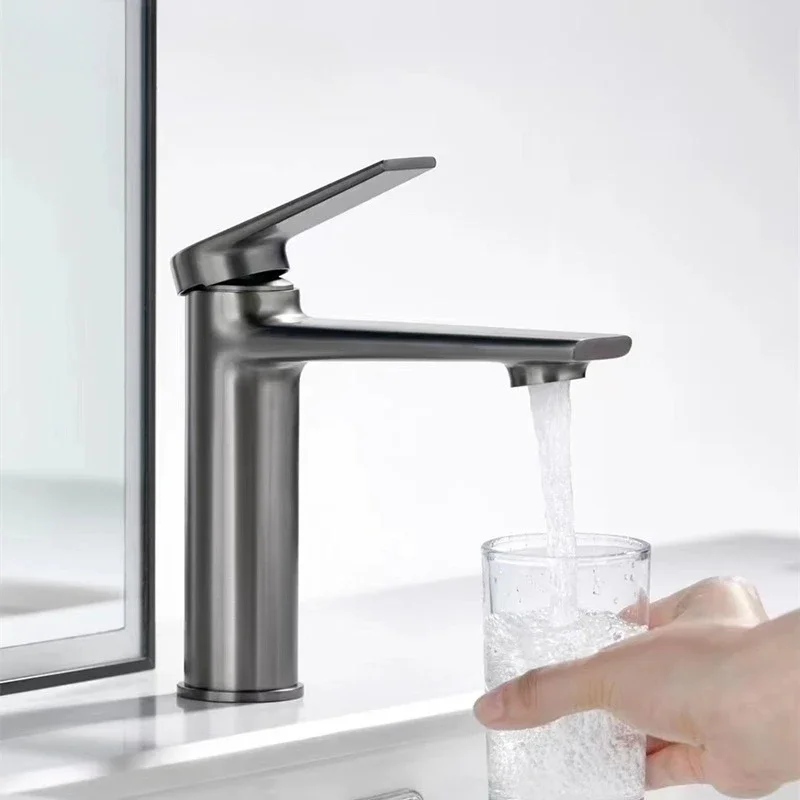 Solid Brass Gunmetal Gray Hot/Cold Basin Faucet Home Bathroom Sink Faucet Hotel Project Grade Faucet