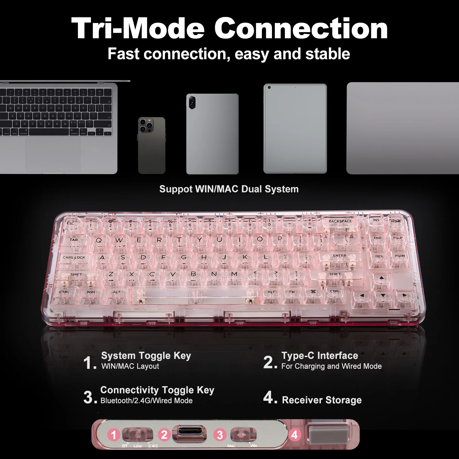 Imagem -03 - Teclado Mecânico sem Fio para Jogos com Teclas Claras 68 Layout bt 2.4g Usb-c Junta Hot-swap Rgb Transparente Rosa Yunzii-x71