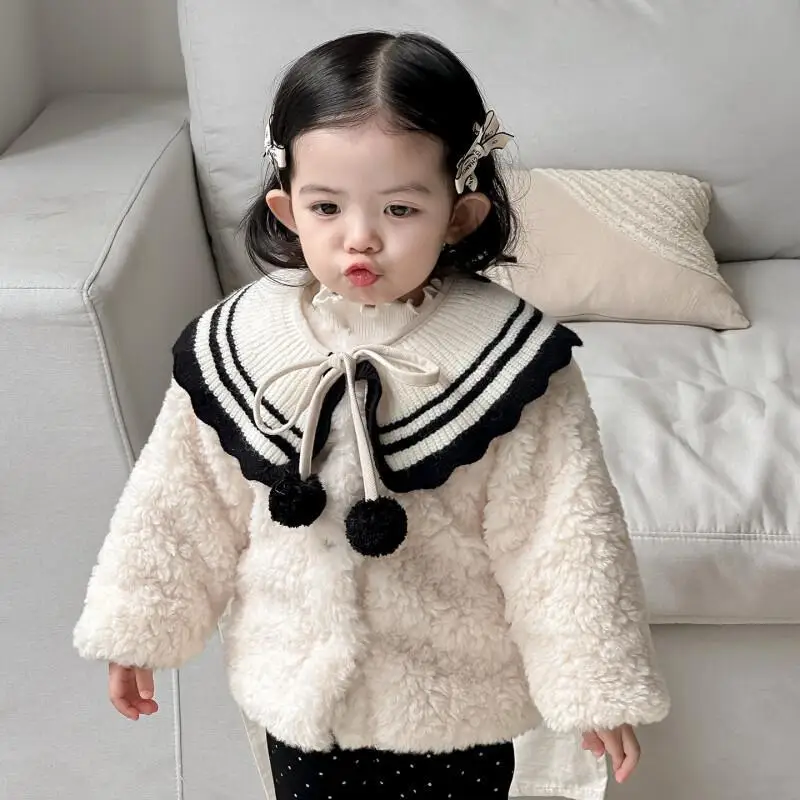 

Autumn Winter Girls' Warmth Coat Pure Color Peter Pan Collar Tops Comfortable Padded Jacket New Fashion Children Clothes Casual