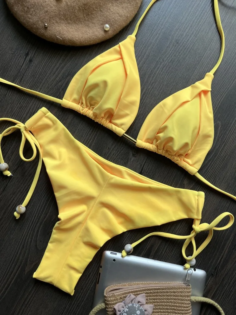 New Sexy Triangle Bathing Suit for Women Lace Up Brazilian Bikinis Halter Swimwear Push Up Swimsuit Metal Chain Beach Bikini Set