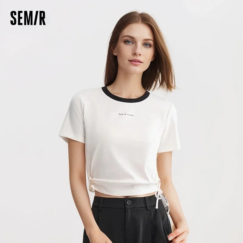 Semir Short-Sleeved T-Shirt Women Short And Simple Letter Print Color-Blocked New In 2024 Summer