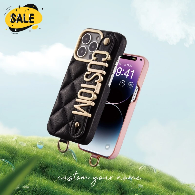 

Wristband Crossbody Lanyard Anti-drop Leather Phone Case for Iphone 16 15 14 Pro Max Custom Name Letter Protector Cover