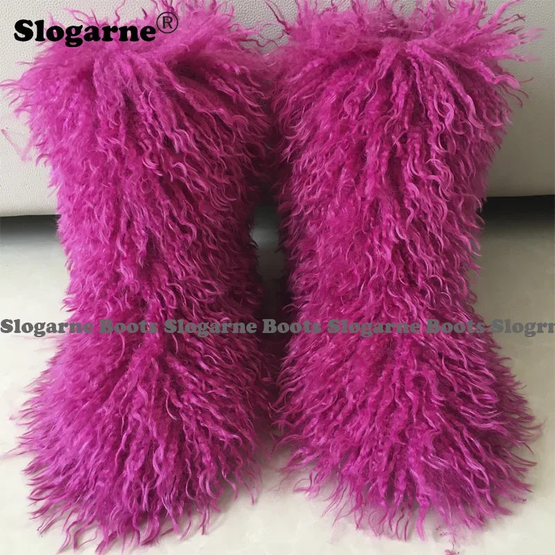 Winter Boots Furry Shoes Women Teddy Fur Snow Boot Fluffy Warm Faux Wool Plush Fashion Foot Wear Ladies New Mongolian Fur Boots