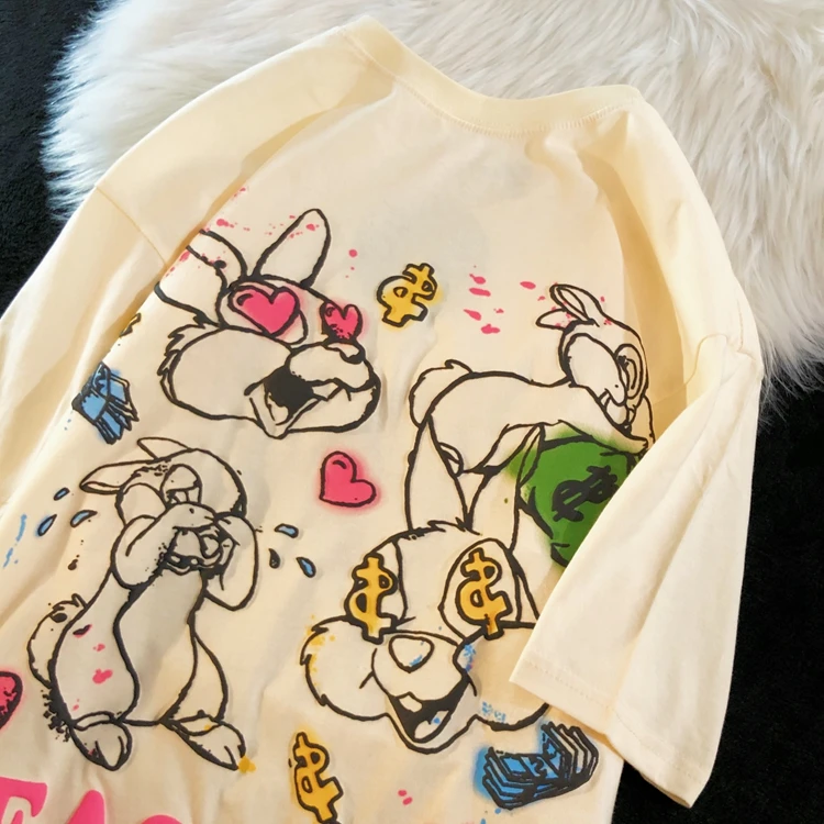 Summer Handpainted Rabbit Cartoon Half Sleeve American Sweet Couple graphic T Shirt harajuku men clothing