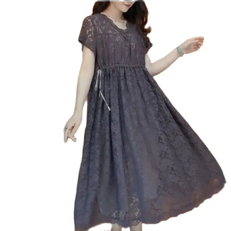 

High-End Lace Short-Sleeved Women Dress 2023 New Product Summer Loose Slim High-Waist Lace-Up Waist-Down Long Ladies Dress