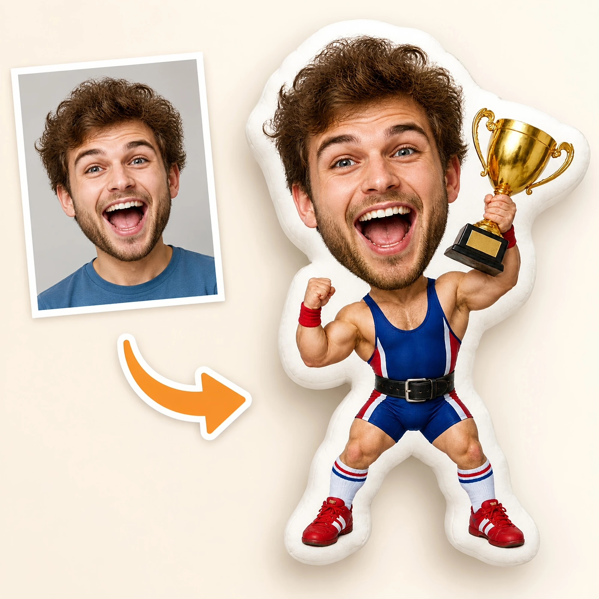 1pc [2D Flat] Custom Double Sided Printed Novelty Shaped Pillow, Personalized Weightlifting Trophy Design Cushion for Home Decor