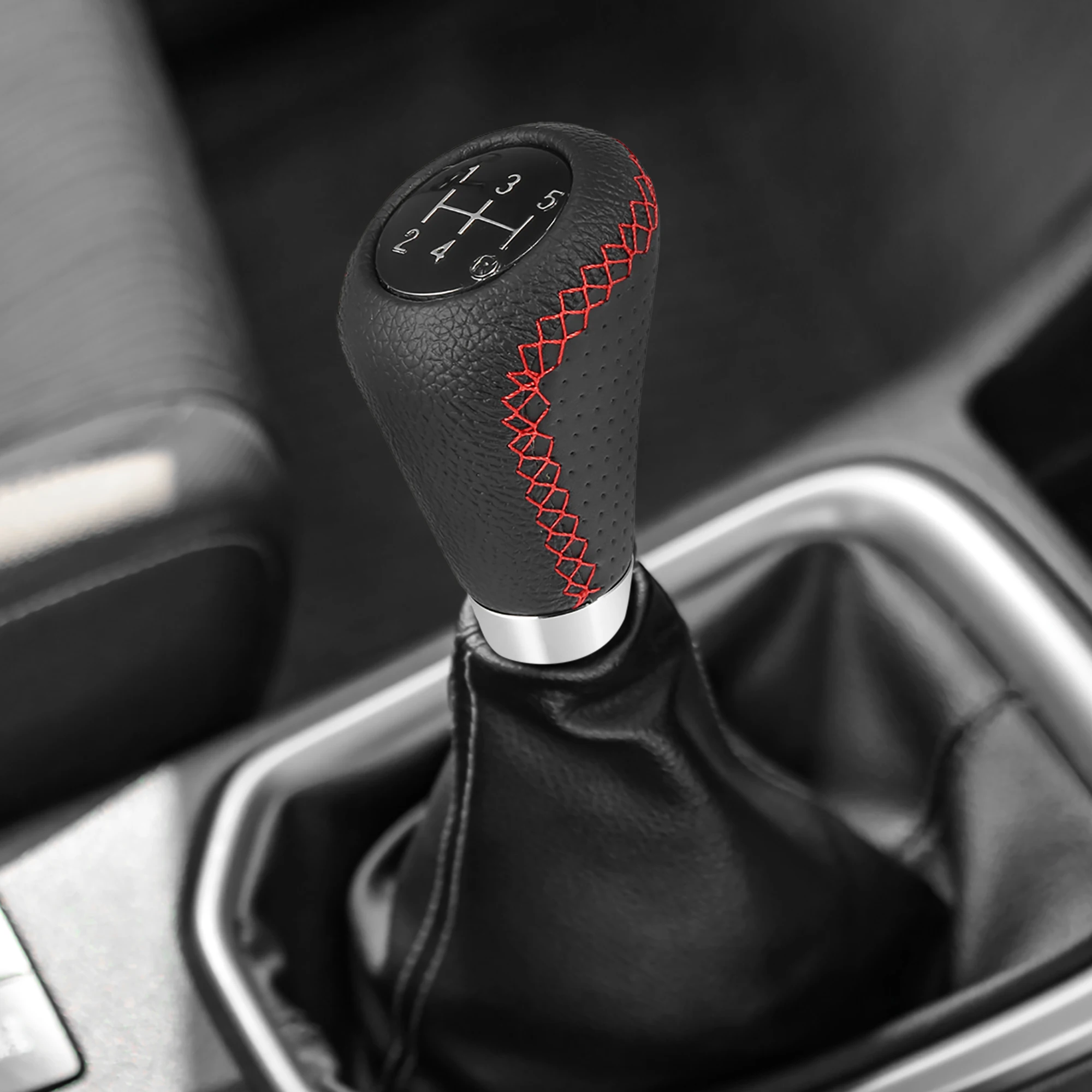 Uxcell Black Universal 5 Speed 6 Speed Auto Car Gear Lever Shifter Manual Stick Shift Knob PU Leather with Hole Red Stitches