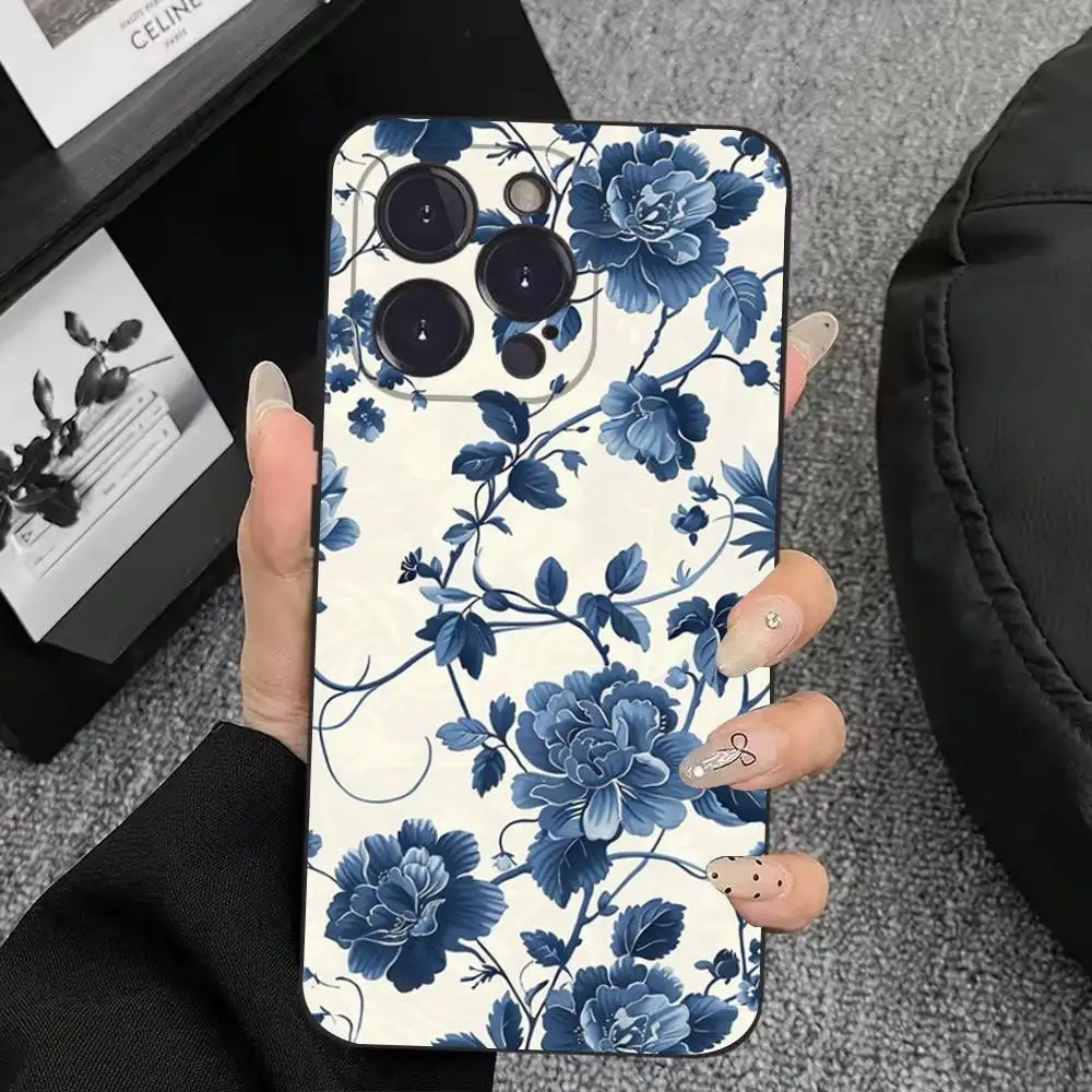 حافظة هاتف من البورسلين الأزرق والأبيض لهاتف آيفون 17,16,15,14,13,12,11,Plus,Pro Max,XS,X,XR,SE,Mini,8,7,غطاء أسود من السيليكون الناعم