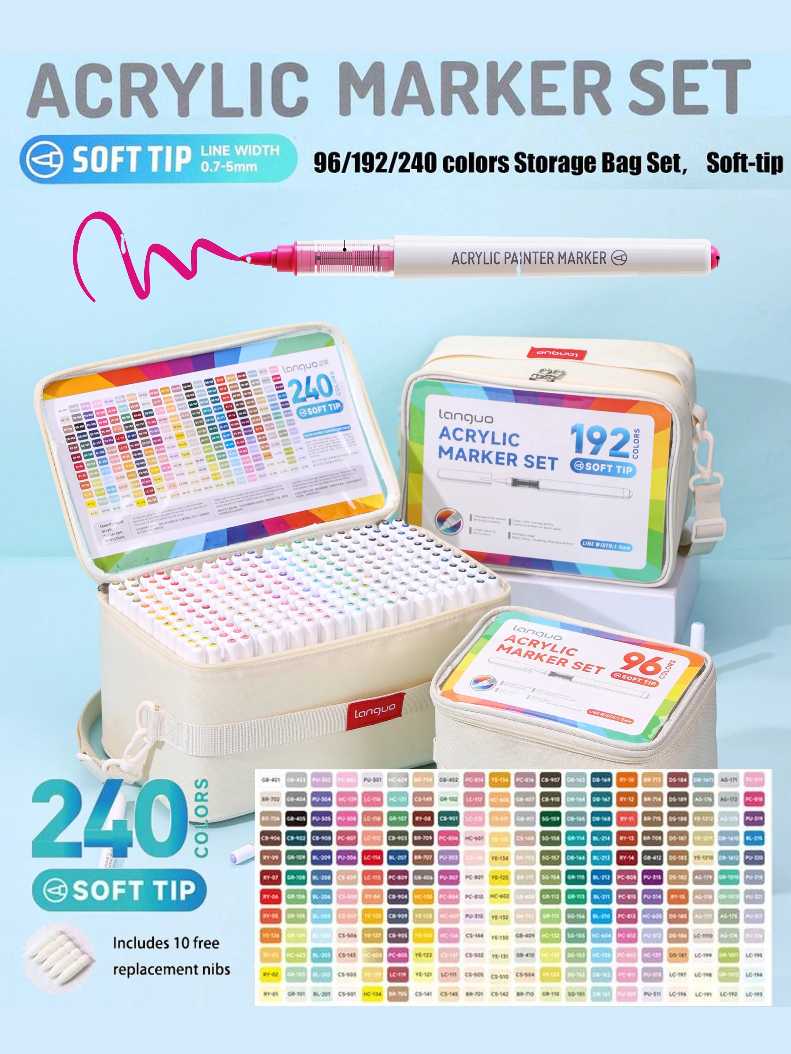 Languo 96/240 Colors Direct Liquid Acrylic Marker Pens,With Replacement Pen Tips,Students DIY Graffiti Drawning Pen,Painting Pen