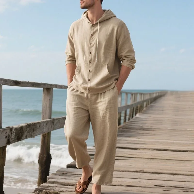 Men's Linen Beach Set Summer Casual Hooded Shirt & Pants 2 Piece Suit Breathable Loose Holiday Outfit Solid Color Vacation Wear view 6