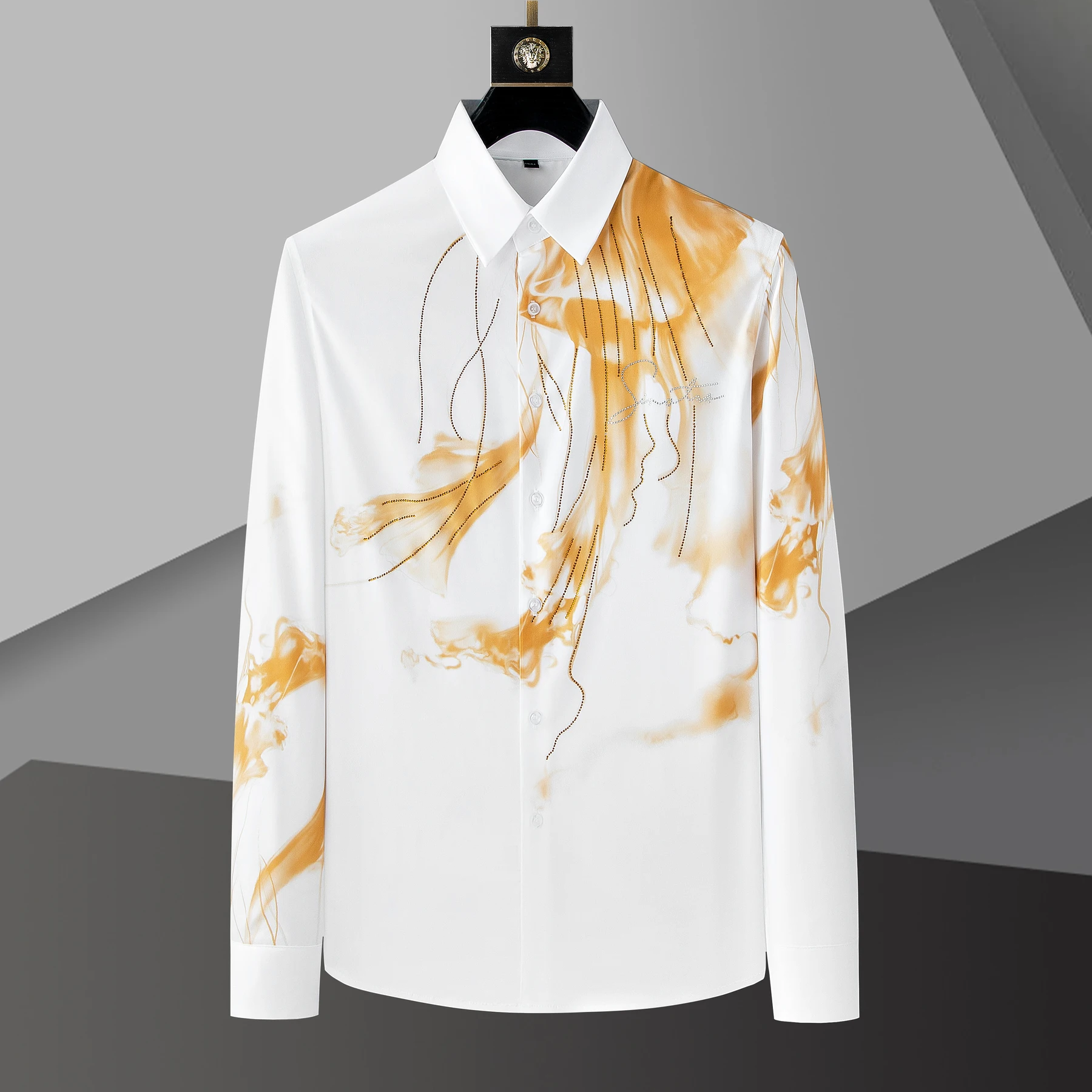 

European Style Social Party Tuxedo Business Formal Dress Shirt Streetwear Retro Gold Floral Rhinestones Shirt Long Sleeve Shirt