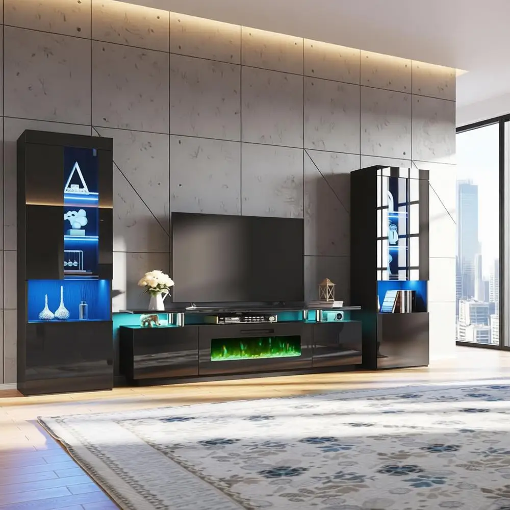 

80 Dual-Level Fireplace TV Stand with 40 Insert, 2 LED-lit Glass Door Bookshelves in High Gloss Black