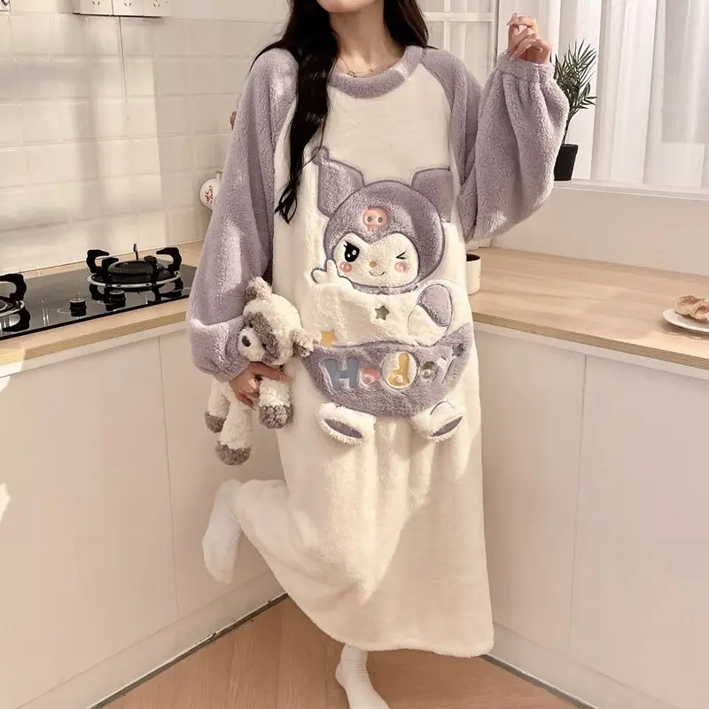 

Коралловая бархатная ночная рубашка для модных девушек осень-зима Ins Style Cute Kuromi Утолщенная теплая фланелевая свободная пижама плюс толстая пижама