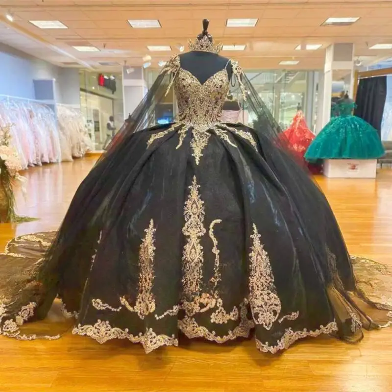 Customize Black Quinceanera Dresses Ball Gown Applique Lace Spaghetti Strap Birthday Party Dress Lace-up Vestidos De 15 Años