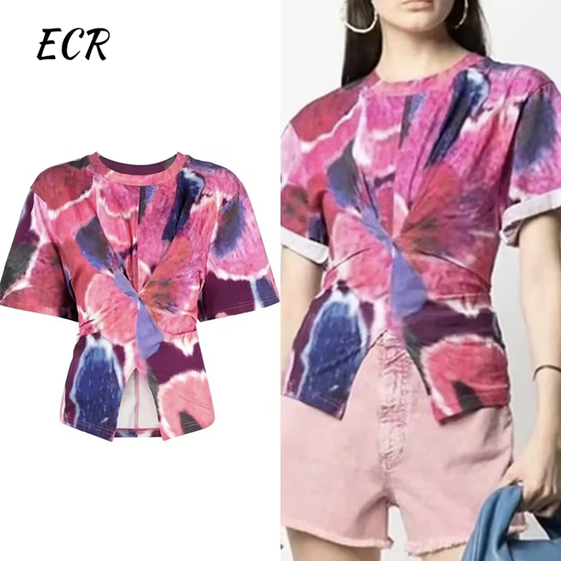 

ECR Loose Summer T Shirt For Women Round Neck Short Sleeve Print Colorblock Casual T Shirts Female Fashion Clothing New Style