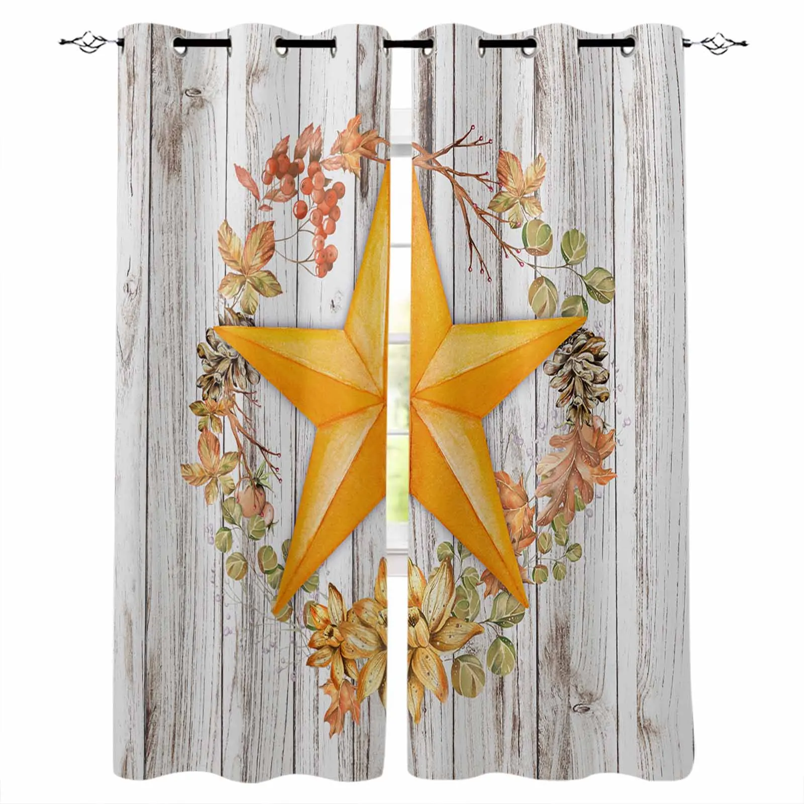 Autumn Wood Grain Orange Five Pointed Star Maple Leaf Blackout Curtains For Living Room Bedroom Window Treatment Blinds Drapes