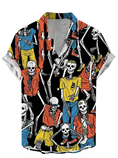 Vintage Men Shirts Funny Skull Flowers Printing Streetwear Short Sleeve Shirts Summer Hawaii Shirt Print Lapels Shirts for Men