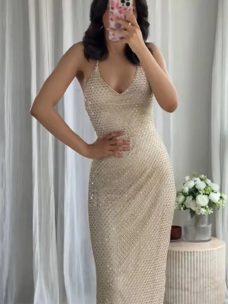 HH femmes été Sexy robe longue col oscillant dos nu décoration bouton femme nouvelle mode solide mince robe sans manches