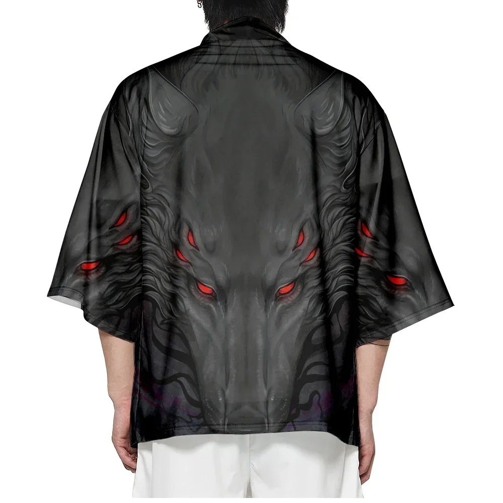 Mens Japanese Style Kimono Cardigan 3D Print Dark Evil Monster Eyes Art Pattern Polyester Loose Short Sleeve Haori Top