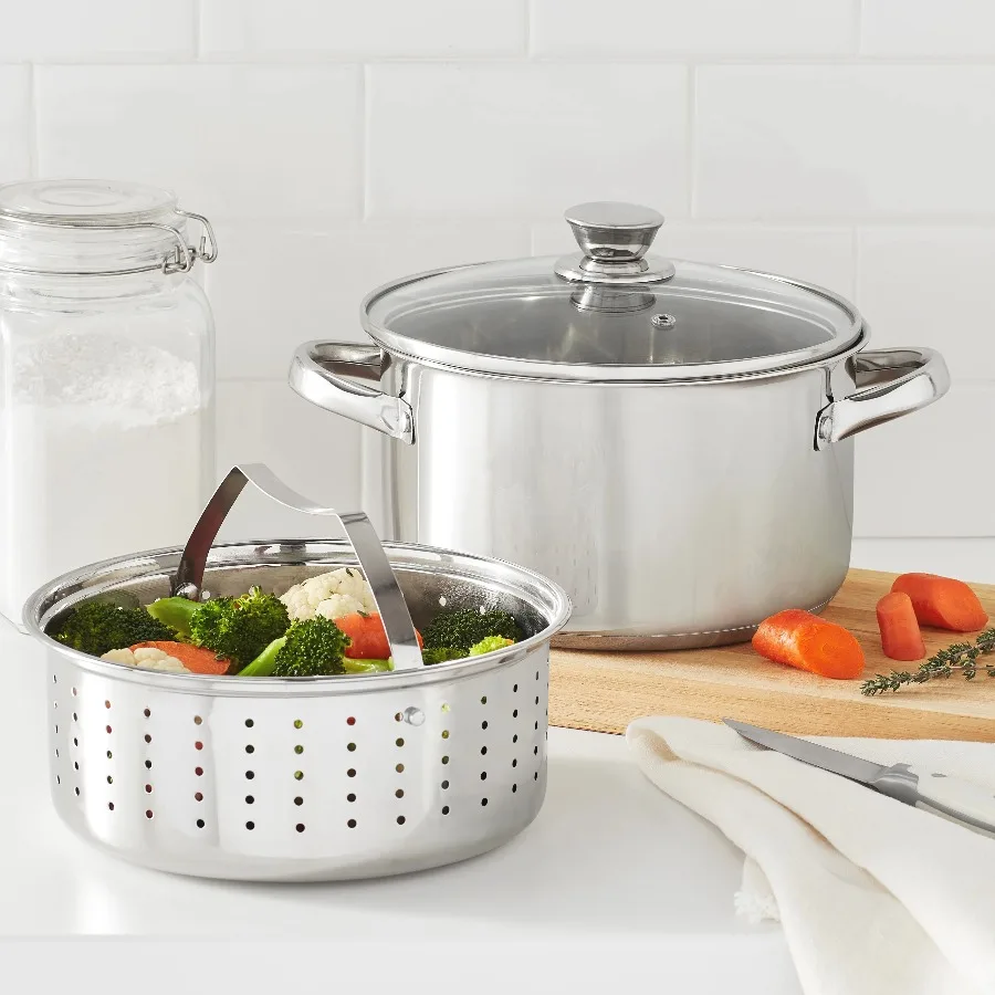 Stainless Steel 4-Quart Steamer Pot with Glass Lid, Induction Compatible, Dishwasher Safe, Veggies, Fish