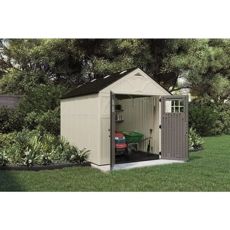 8x10 Ft. Outdoor Storage Shed - Large Resin Outdoor Shed with Floor Included, Lockable Double Doors and Skylights. 547 Cu Ft Tr