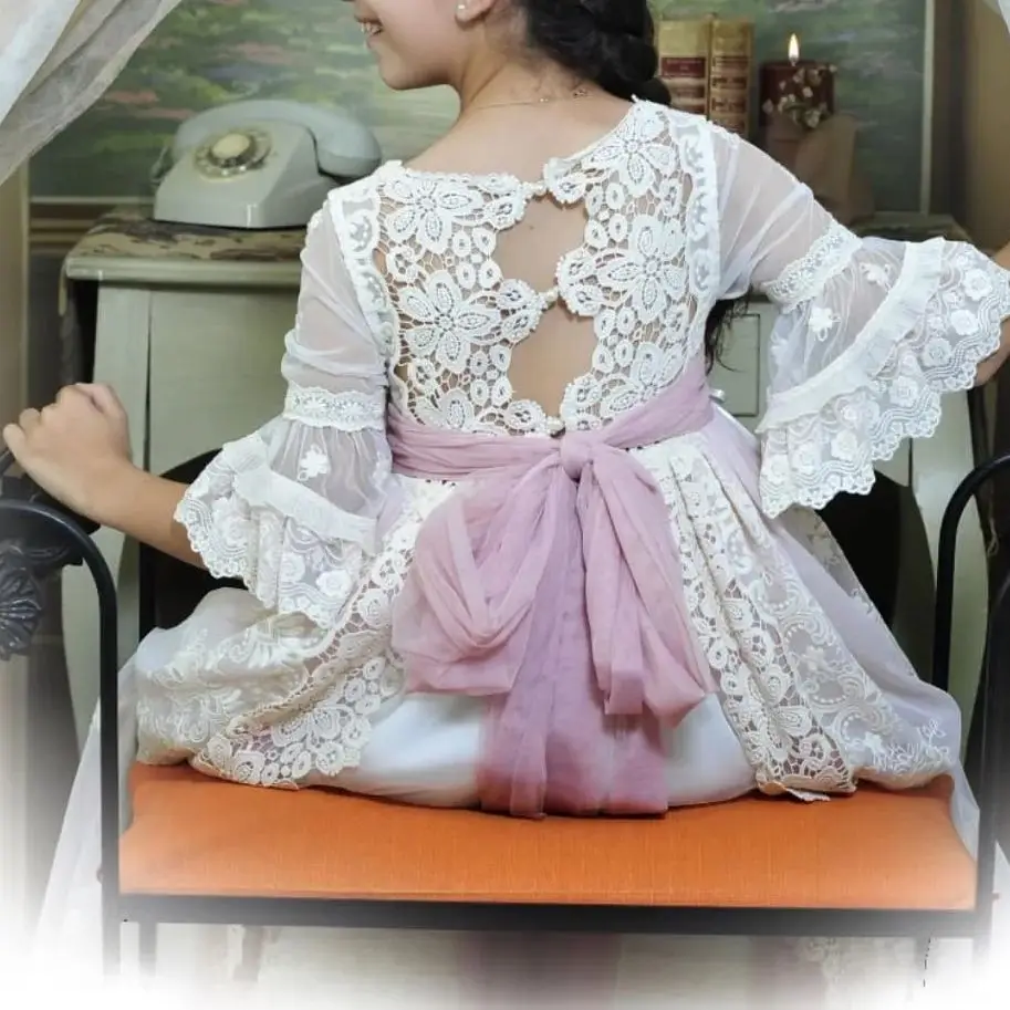 BABYONLINE-Robe de première communion en dentelle, robe de Rhlongue, brodée de fleurs roses, corsage personnalisé, ceinture en ruban, demi-manches