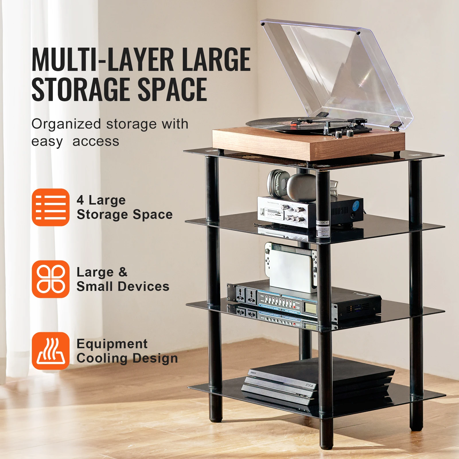 VEVOR Scaffale Portaoggetti Multimediale per Dischi Vinile Giradischi Vinile, Supporto Multimediale Audio-video 4 Ripiani in Vetro Temperato per Attrezzatura di Videogiochi, Mobiletto Portaoggetti