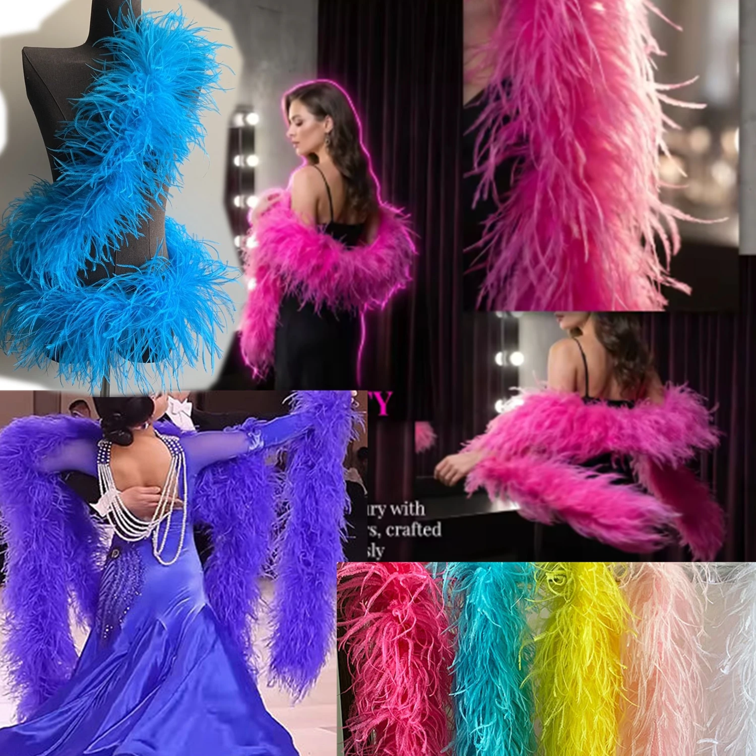 2Meters Pink Ostrich Feather Boa Fuchsia 6 10PLY Ostrich Feathers for Shawl Costume Clothing Sewing Accessory Ostrich Plumes Sca