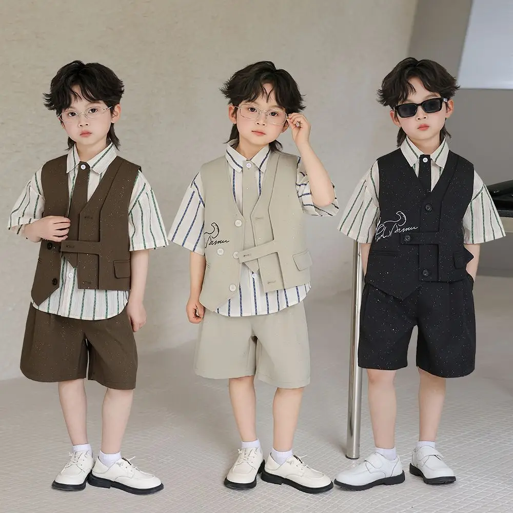 3 PCS set Summer Boy Retro Stripes TShirt+Pants Shorts+Vest Tie Kid Children baby Gentleman Handsome Streetwear Party Clothes