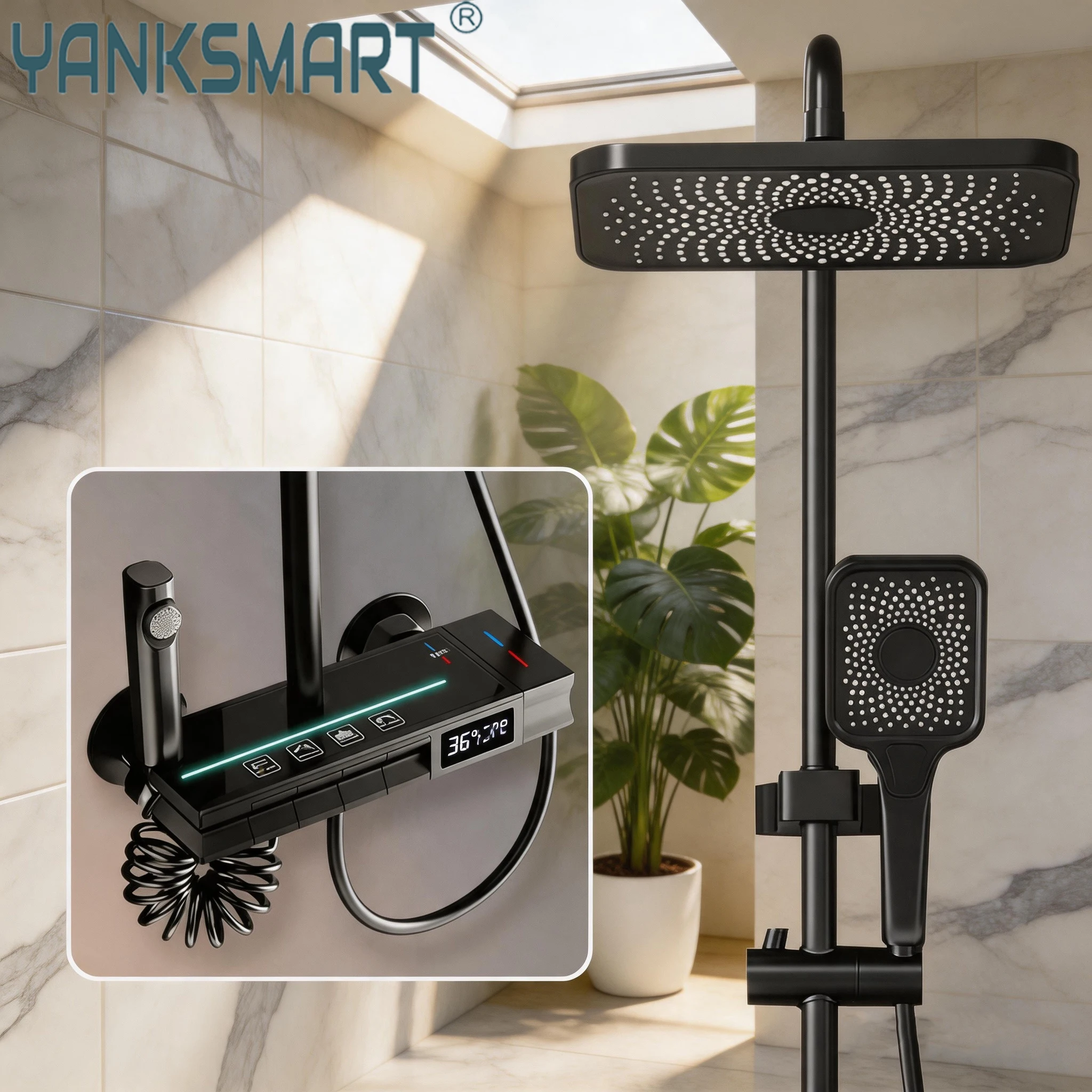 YANKSMART LED Digital display Shower System faucet Bathroom 4 Function Shower System Set Rainfall high quality outdoor column
